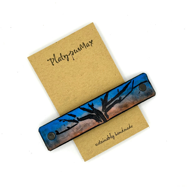 Winter Sunset Tree Silhouette Leather Hair Barrette