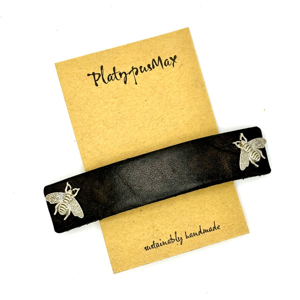Silver Bees & Black Leather Barrette