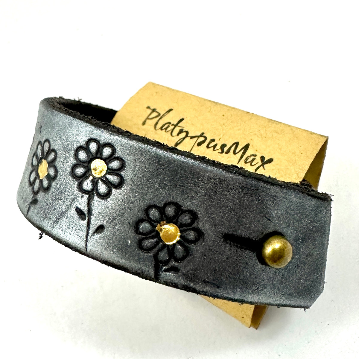 Flower Chid Silver and Gold Daisies Embossed Leather Wide