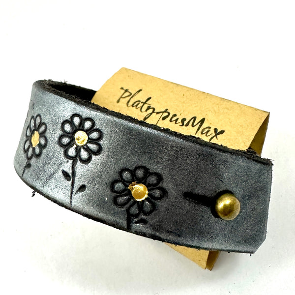 Flower Chid Silver and Gold Daisies Embossed Leather Wide Cuff Bracelet