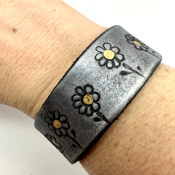 Flower Chid Silver and Gold Daisies Embossed Leather Wide Cuff Bracelet