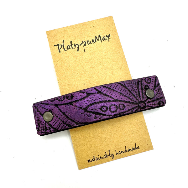 Purple & Black Boho Flowers Leather Barrette