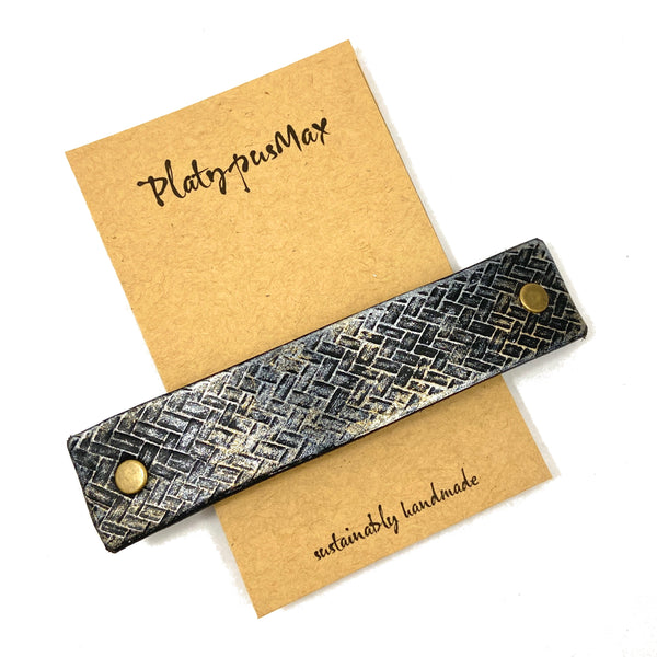 Gunmetal / Antique Platinum Weave Texture Leather Hair Barrette