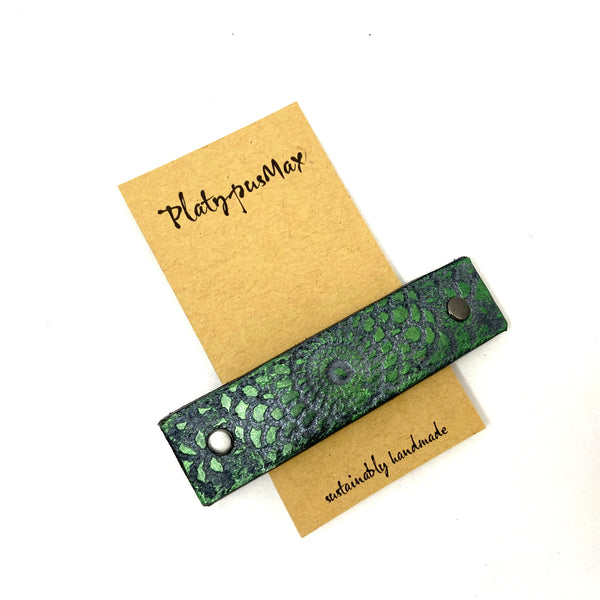 Metallic Emerald Green and Silver Embossed Mandala Leather Hair Barrette