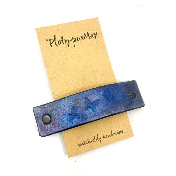Iridescent Blue & Purple Butterflies Leather Hair Clip