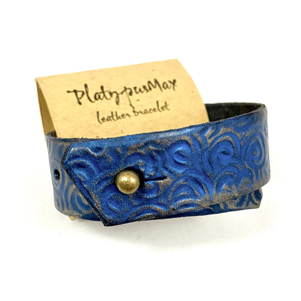 Lapis Blue & Gold Leather Cuff Bracelet with Rustic Spirals Texture