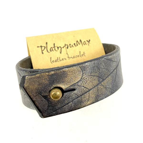 Dark Platinum Embossed Oak Leaves Cuff Bracelet