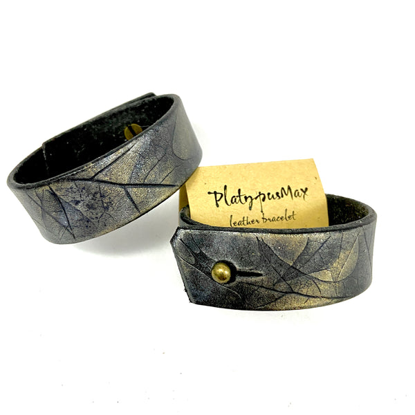 Dark Platinum Embossed Oak Leaves Cuff Bracelet