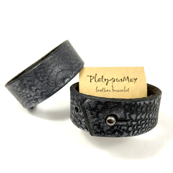 Oxidized Silver and Black Leather Mandala Cuff Bracelet