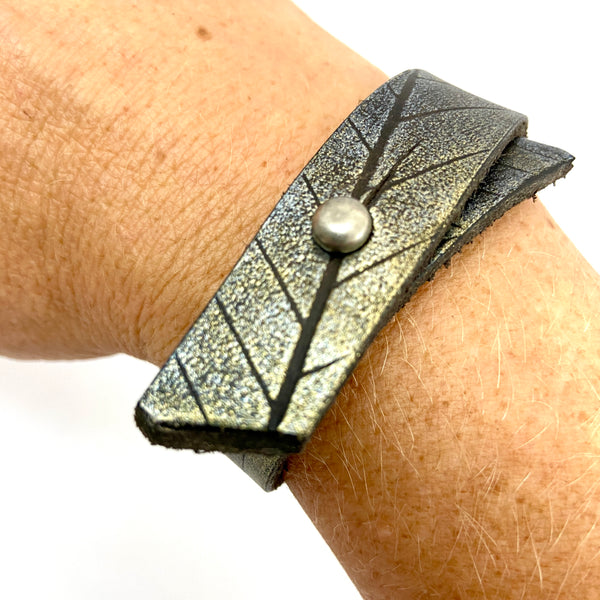 Antique Gold, Silver & Black Embossed Beach Leaves Cuff Bracelet