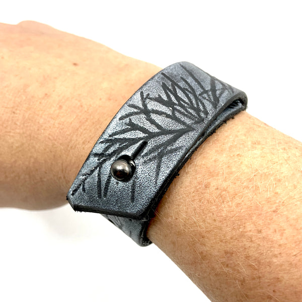 Silver and Black Juniper Branches Leather Cuff Bracelet