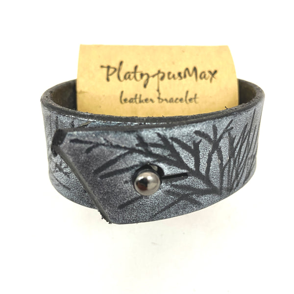 Silver and Black Juniper Branches Leather Cuff Bracelet