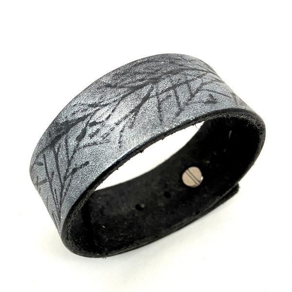 Silver and Black Juniper Branches Leather Cuff Bracelet