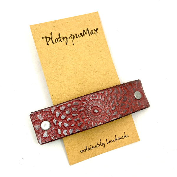 Silver and Dark Pink Mandala Leather Barrette