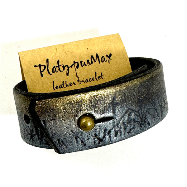 Silver Forest Trees With Gold Sky Leather Cuff Bracelet