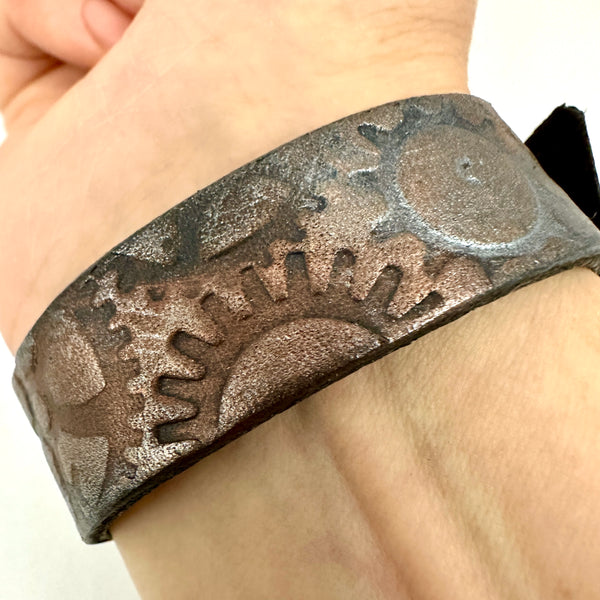 Copper & Gunmetal Gears Leather Cuff Bracelet