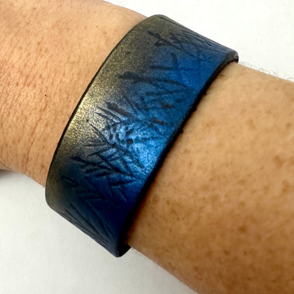 Moonlit Forest Trees Blue and Gold Forest Trees Leather 1" Wide Cuff Bracelet