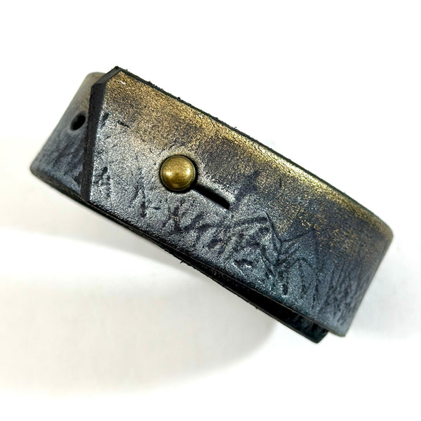 Silver Forest Trees With Gold Sky Leather Cuff Bracelet