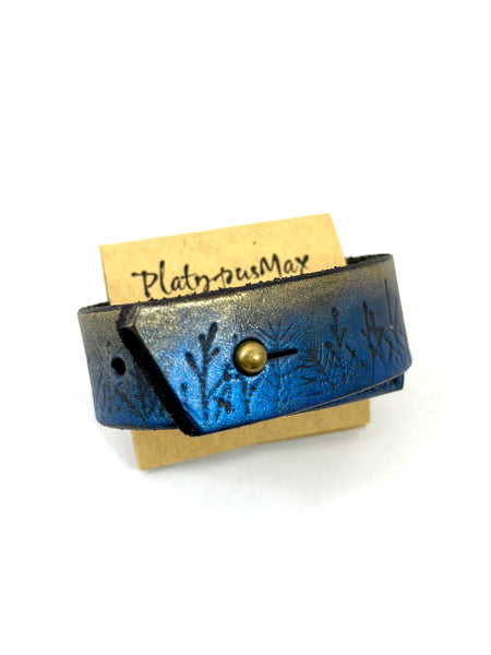 Moonlit Forest Trees Blue and Gold Forest Trees Leather 1" Wide Cuff Bracelet