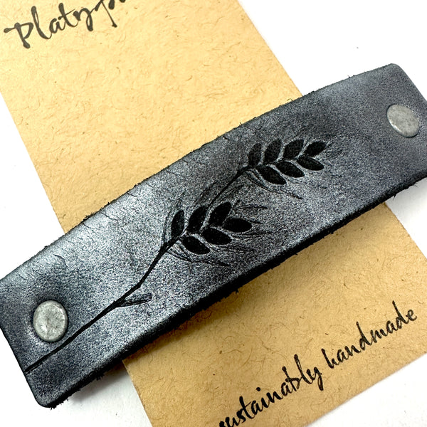 Silver & Black Wheat Stalks Leather Nature Print Hair Barrette
