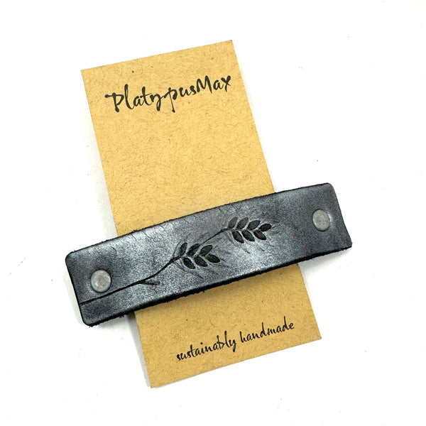 Silver & Black Wheat Stalks Leather Nature Print Hair Barrette
