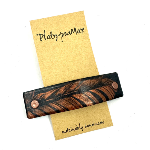 Copper Feather on Black Leather Hair Barrette - Handmade