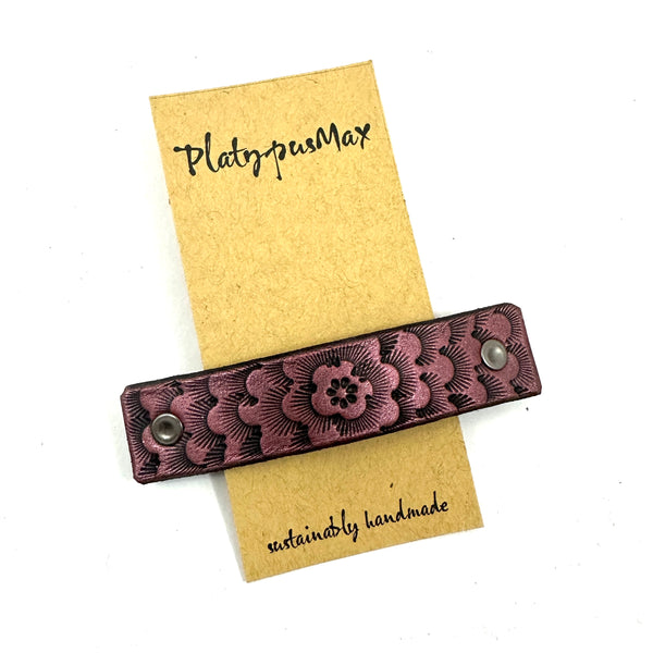 Pink & Black Chrysanthemum Flower Tooled Leather Hair Barrette