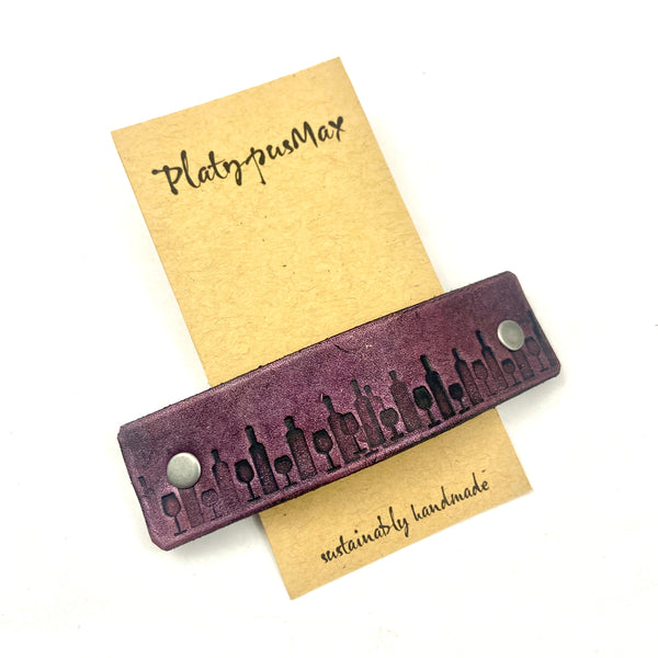 Tiny Wine Bottles Burgundy Red Stamped Leather Hair Barrette