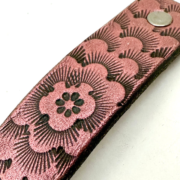 Pink & Black Chrysanthemum Flower Tooled Leather Hair Barrette
