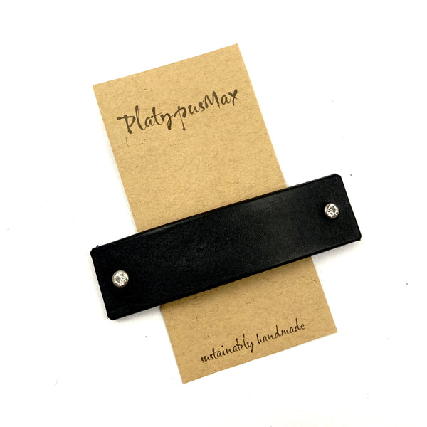 Black + Rhinestone Upcycled Leather Barrette