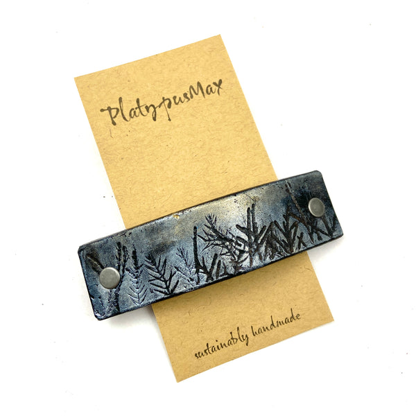 Silver Platinum Forest Silhouette / Trees Leather Hair Barrette