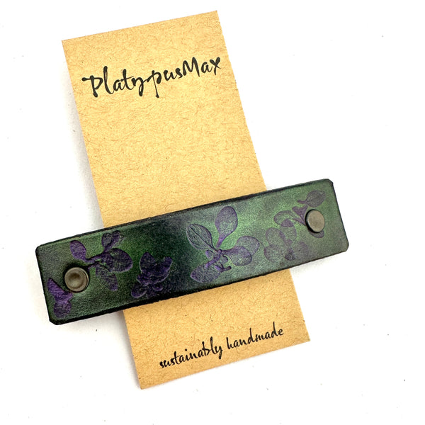 Purple & Green Thyme Leaves Leather Hair Barrette