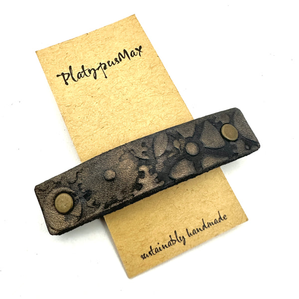 Antique Brass Metallic Gears / Steampunk Stamped Leather Hair Barrette