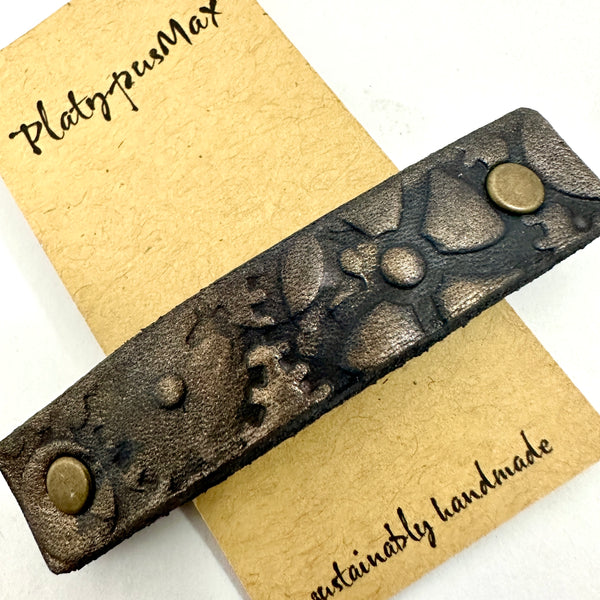 Antique Brass Metallic Gears / Steampunk Stamped Leather Hair Barrette