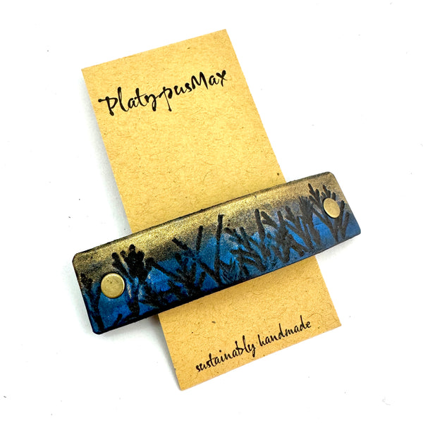 Moonlit Forest Trees Blue & Gold Leather Hair Barrette