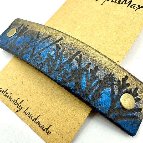 Moonlit Forest Trees Blue & Gold Leather Hair Barrette