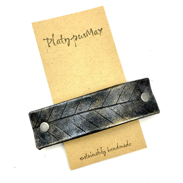 Silver, Gold & Black Rustic Beech Leaf Imprint Leather Hair Barrette