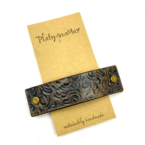 Antique Brass / Bronze Leather Barrette with Rustic Spirals Texture