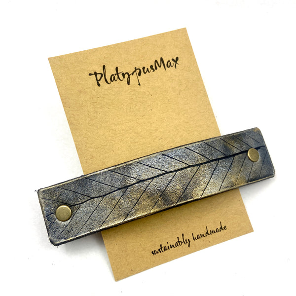 Silver, Gold & Black Rustic Beech Leaf Imprint Leather Hair Barrette