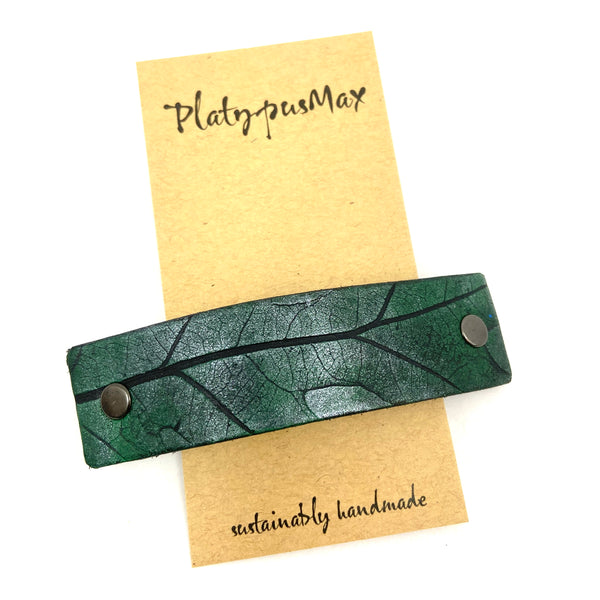 Forest Green Leather Oak Leaf Leather Barrette