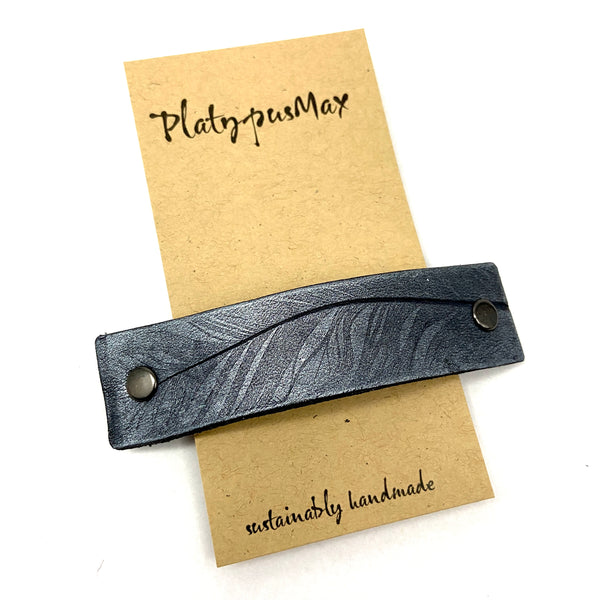 Gunmetal Gray Feather Imprint Leather Hair Barrette
