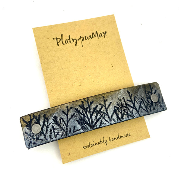 Silver Platinum Forest Silhouette / Trees Leather Hair Barrette
