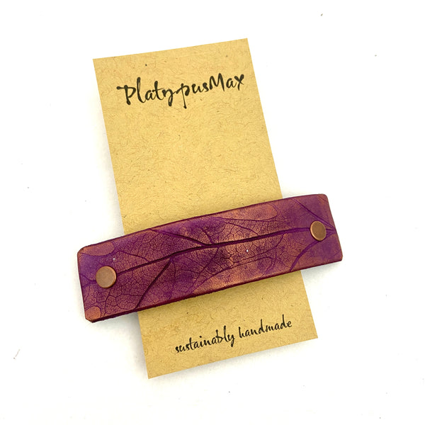 Purple and Copper Oak Leaf Imprint Leather Hair Barrette
