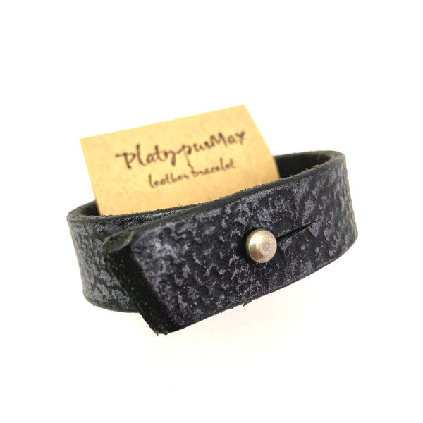 Oxidized Silver and Black Leather Mandala Cuff Bracelet - Platypus Max