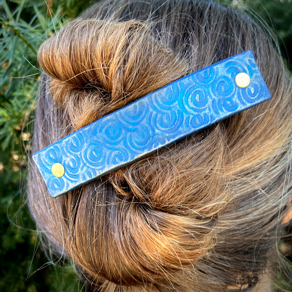 Lapis Blue & Gold Leather Barrette with Rustic Spirals Texture