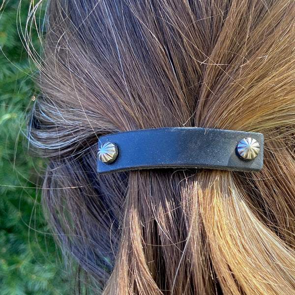 Black Hair Barrette with Decorative Ridged Silver Studs