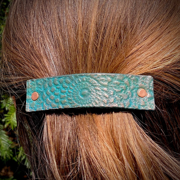Weathered Copper Embossed Mandala Leather Barrette - Matte Green and Bronze Patina