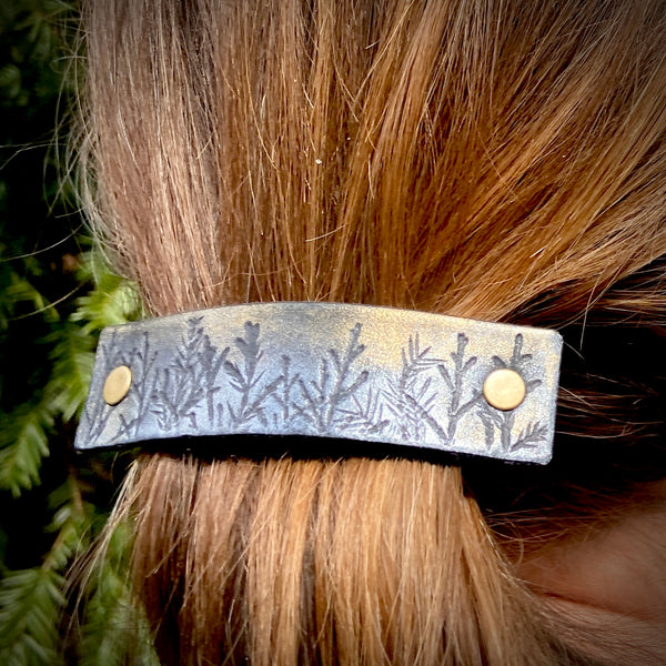Silver Platinum Forest Silhouette / Trees Leather Hair Barrette