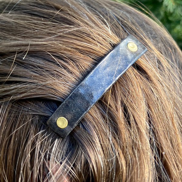 Hammered Oil-Rubbed Bronze / Antique Brass Leather Unisex Barrette