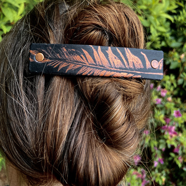 Copper Feather on Black Leather Hair Barrette - Handmade